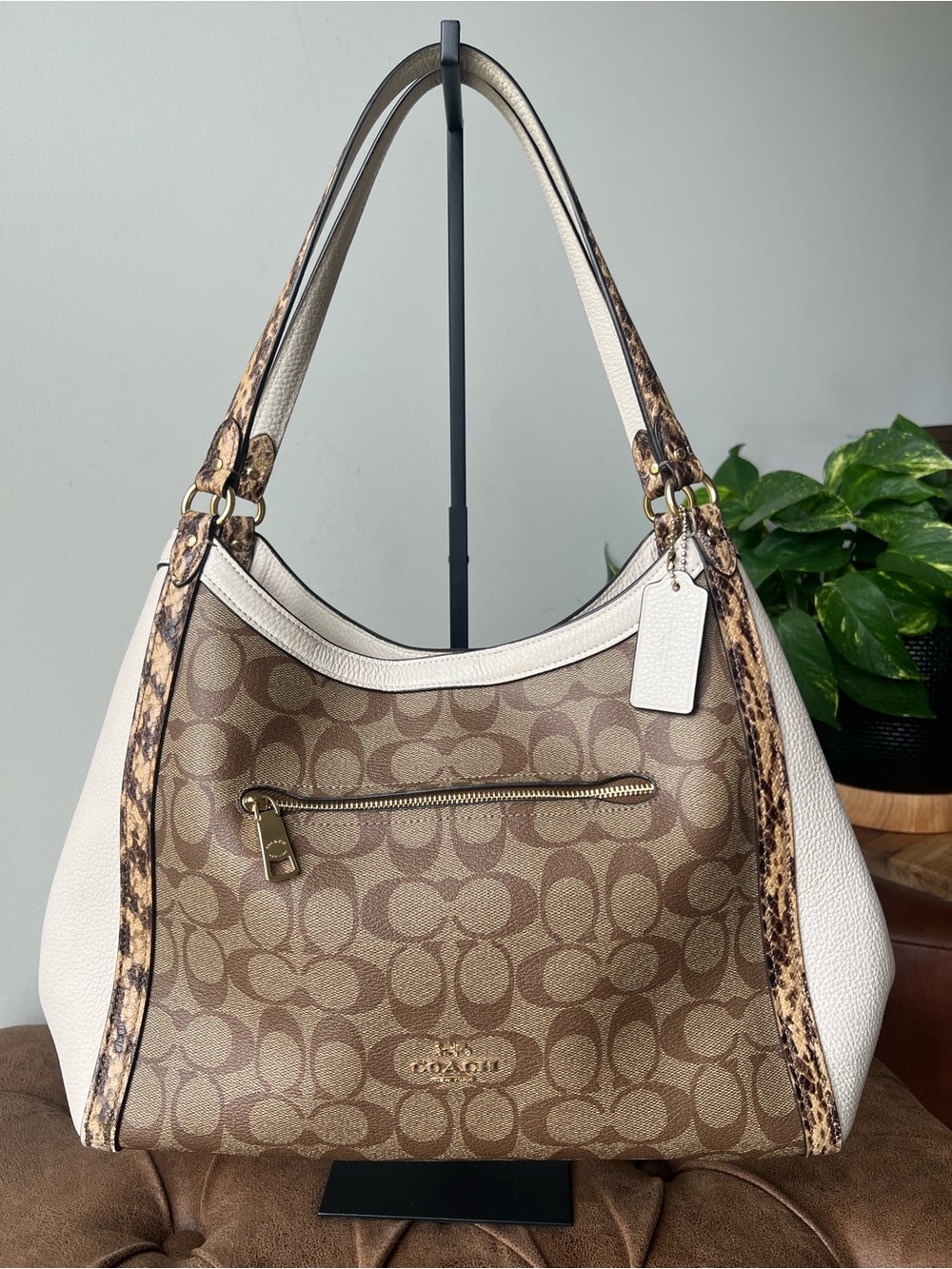 Coach Brown Signature Canvas Hobo with Cream & Snakeskin Trim